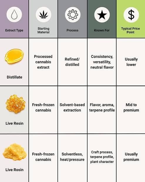 side by side comparison of distillate live resin and live rosin vape cartridges showing oil color and consistency differences How to Choose Vape Cartridges